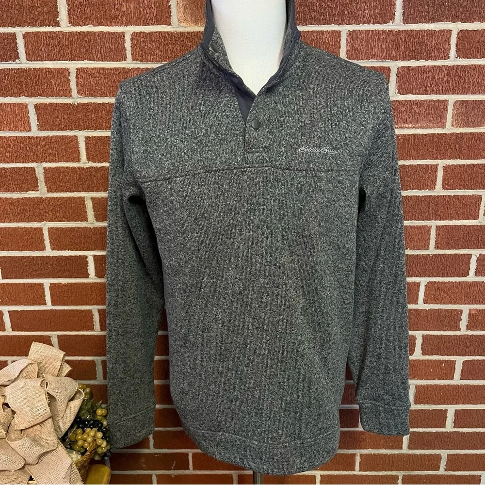 -Eddie Bauer Radiator Fleece Grey Pullover Sweater W/ Grey Trim Warm Mens Medium
